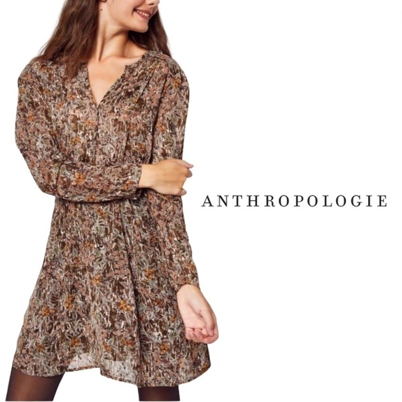 Anthropologie See U Soon Bohemian Floral Green Khaki Mini Robe Dress Sheer - Sm - Picture 1 of 16